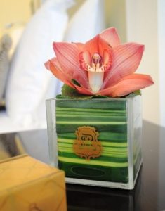 branded hotel amenity bud vase St. Regis logo Doha MyGlassStudio