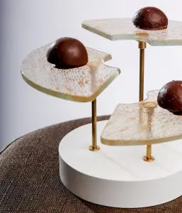 amuse-bouche display stand three tier petit four stand white wooden base MyGlassStudio
