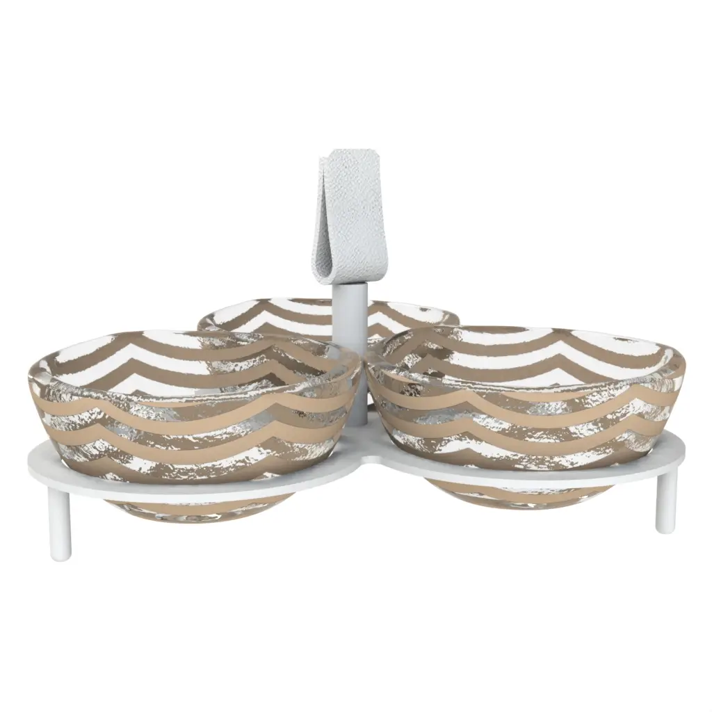 3 Bowl Condiment Server in Almond Beige - Snacks Serveware - 3/4 View