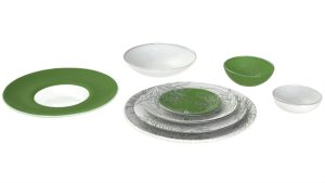Wide Rim Dinnerware, Green & White Color Scheme