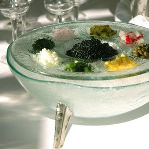 Glass caviar server and luxury caviar serving set on ice by MyGlassStudio.