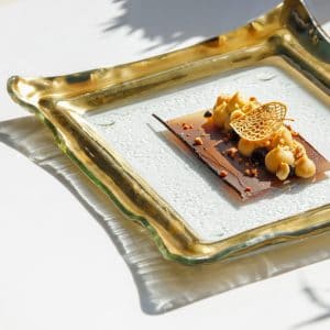 Modern glass dessert plates and restaurant dessert plates by MyGlassStudio for luxury hotels and pastry chefs.