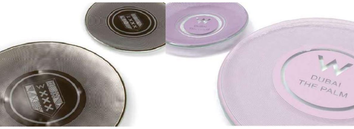 hotel branded plates W Amsterdam W Dubai Palm custom glass dinner plates MyGlassStudio