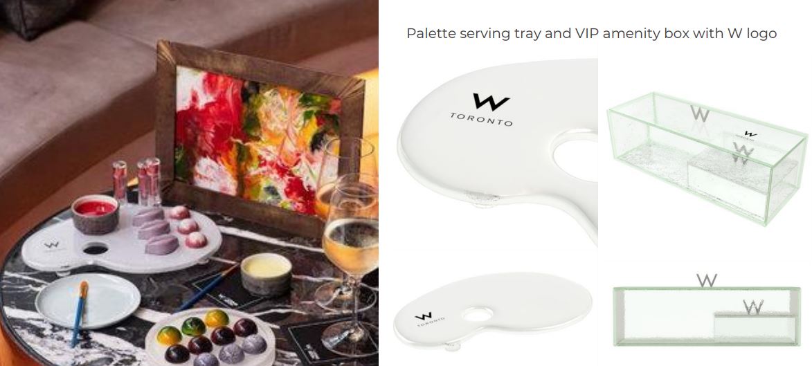 custom hotel dinnerware W Toronto palette serving tray VIP amenity box MyGlassStudio